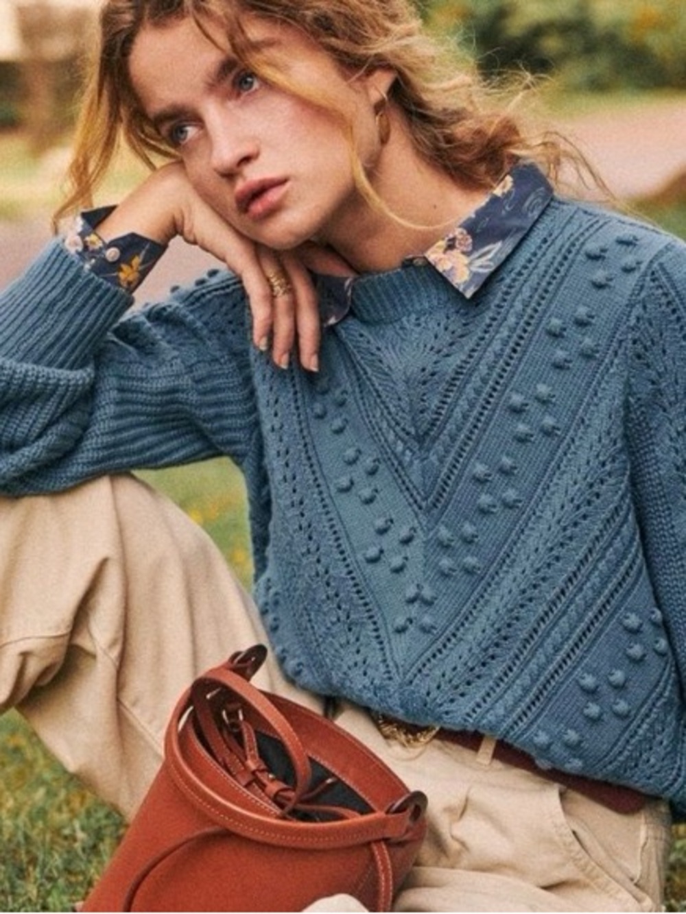 Sézane Blue Wool Blend Pointelle Knit Sweater Small Pom Pom Chevron Knit